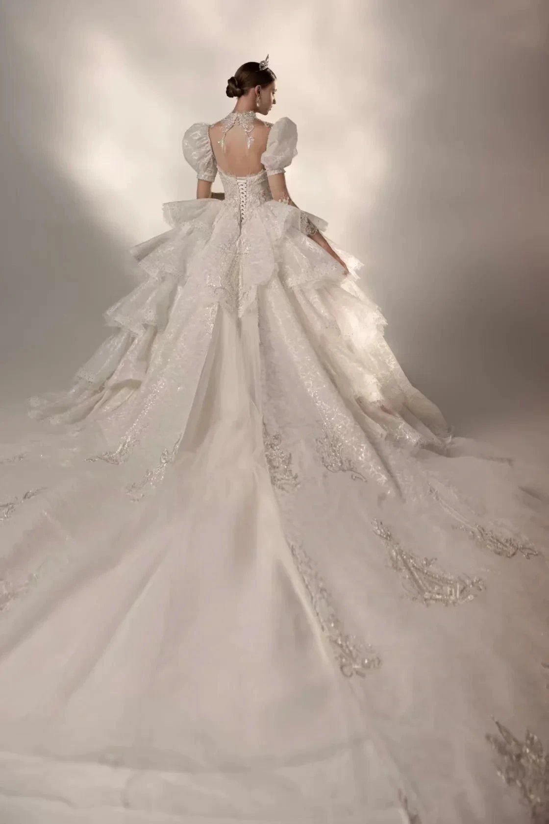 Regal High Neck Puff Sleeve Tulle Wedding Dress with Sequin Embroidery & Layered Ruffle Train Q6020 by ZAPDRESS