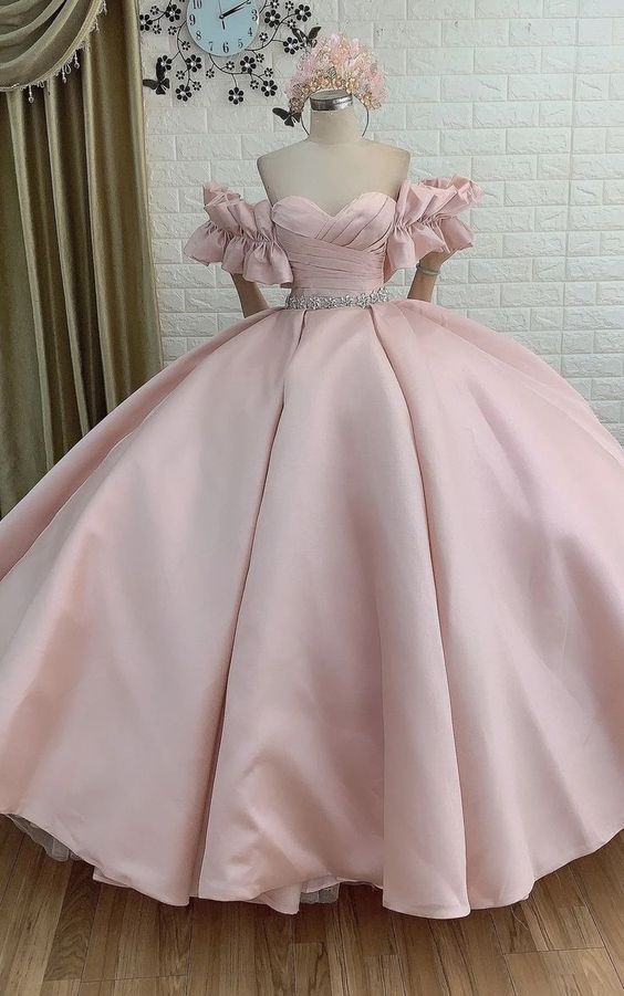 Blush pink satin ball gown wedding dress with ruffle sleeves