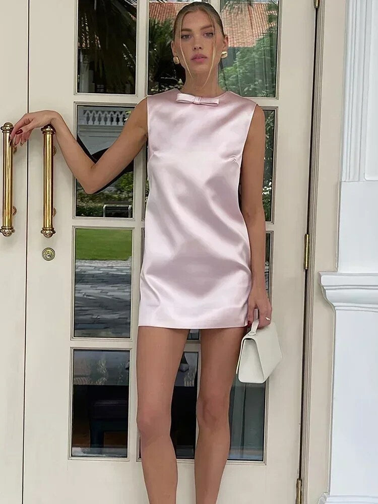 TARUXY Satin Mini Dress For Women Sexy Backless Bow Clothes Sleeveless Tank Dresses Femme 2023 Party Elegant Evening Dress Woman - View 4 | VelvetHem