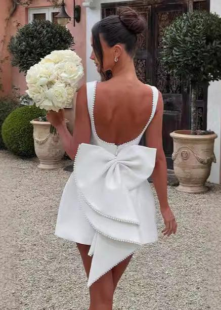 Pearl Trimmed Bow Back Mini Dress Chic Elegance