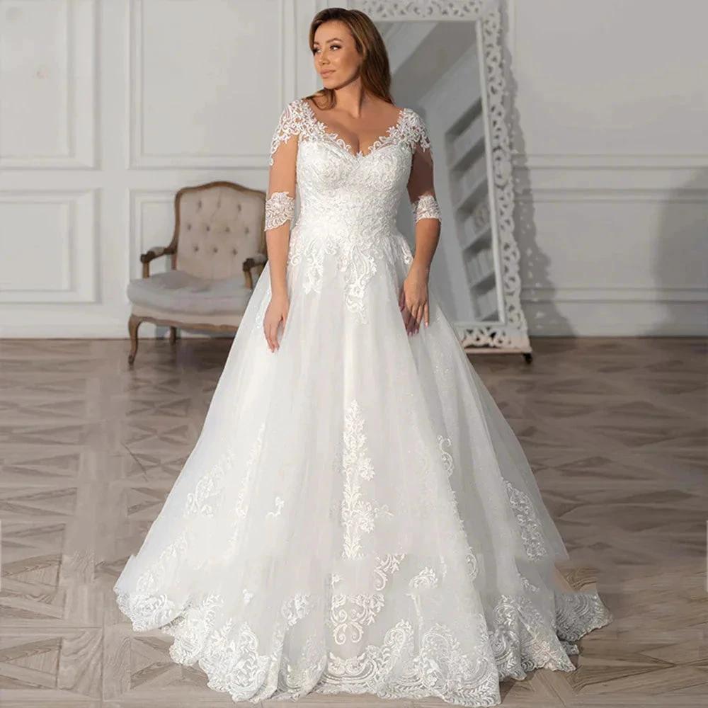 Simple A-Line Wedding Dresses Plus Size Women V-Neck Bride Gowns Half Sleeves Applique Vestido De Noiva Custom Made (ZD13543)