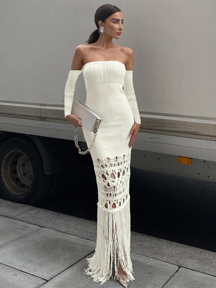TARUXY Knitted Tassel Maxi Dresses For Women Hollow Out Sexy Bodycon Dress Women's Off The Shoulders Elegant Evening Dress Woman - VelvetHem