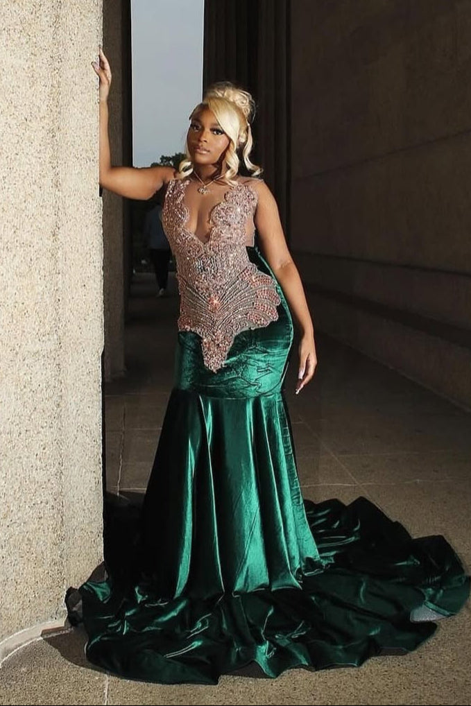 Dark Green Champange Beaded V-Neck Sleeveless Long Prom Dresses