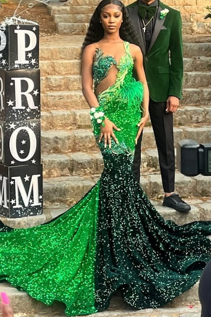 Dark Green Emerald Green Mermaid Hot See through Keyhole Prom Dresses