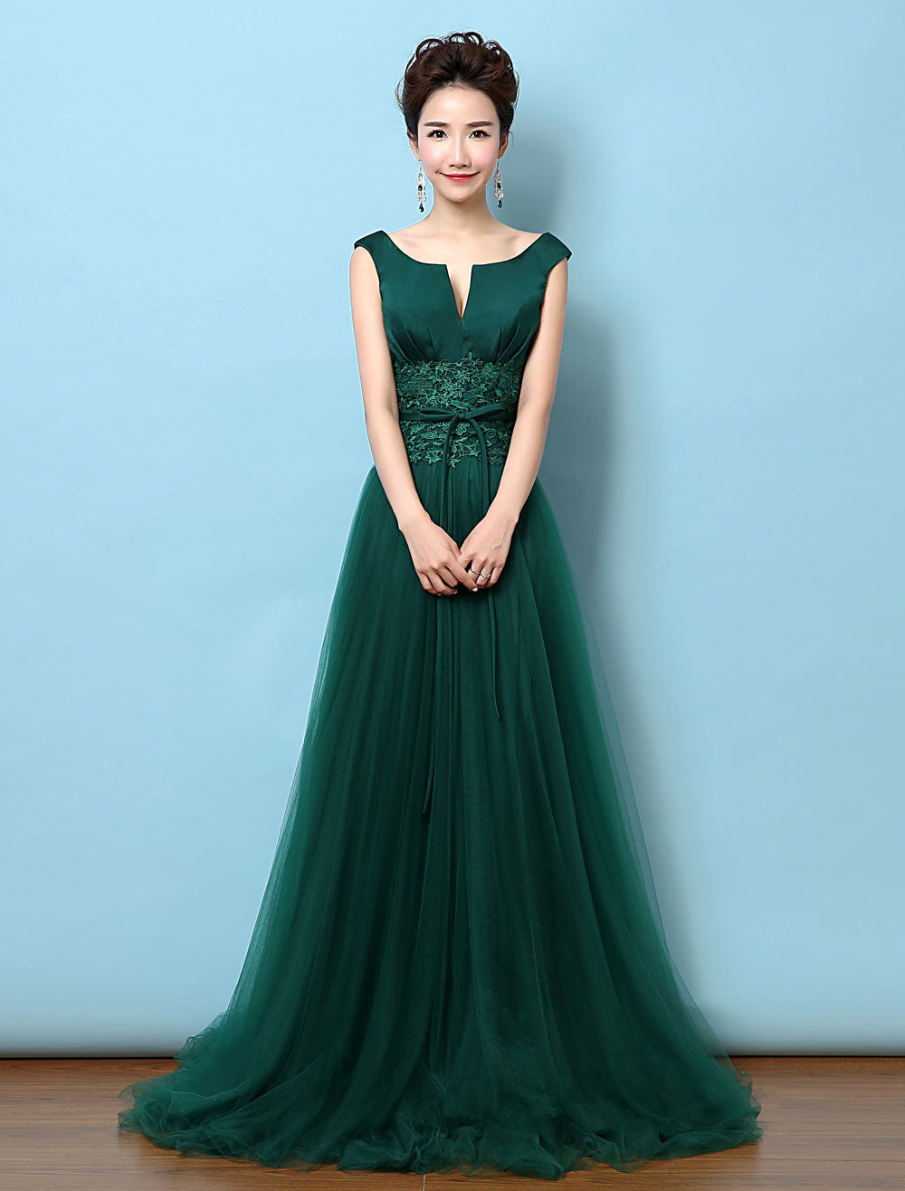 Dark Green Notched Neckline Tulle Evening Dress Backless Mother's Dress