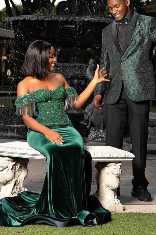 Dark Green Off-the-Shoulder Sequined Mermaid Long Prom Dresses