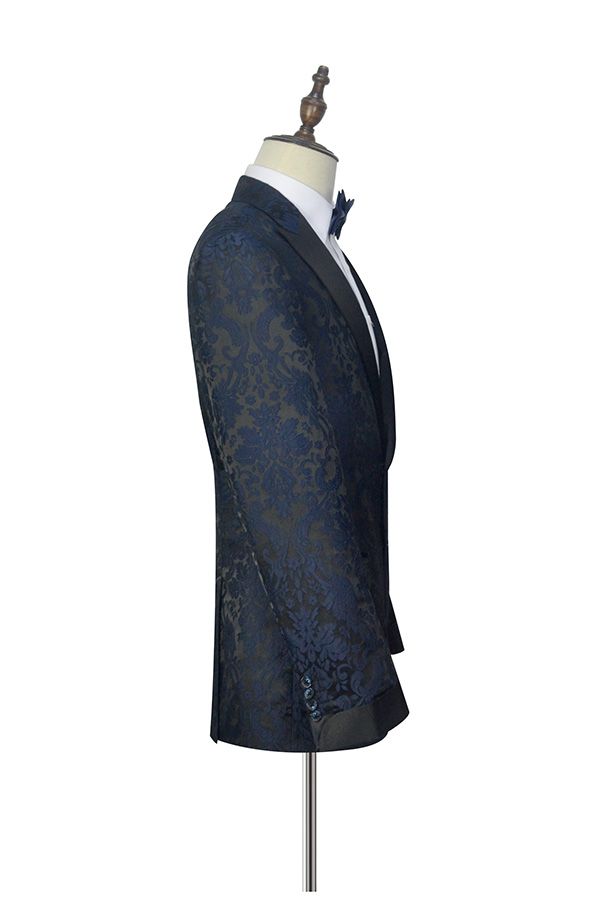 Dark Navy Jacquard Marriage Suits Black Silk Peak Lapel Mens Suits for Weddings