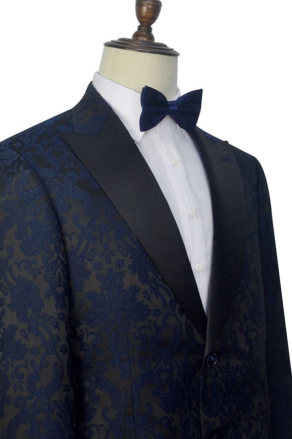 Dark Navy Jacquard Marriage Suits Black Silk Peak Lapel Mens Suits for Weddings