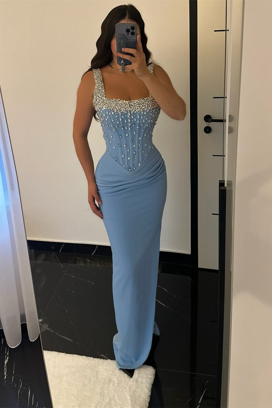 Dazzling Blue Square Straps Sleeveless Satin Prom Dresses Mermaid Sheath With Gem