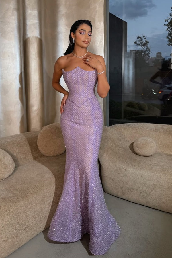 Dazzling Purple Strapless Sleeveless Mermaid Prom Dresses Column