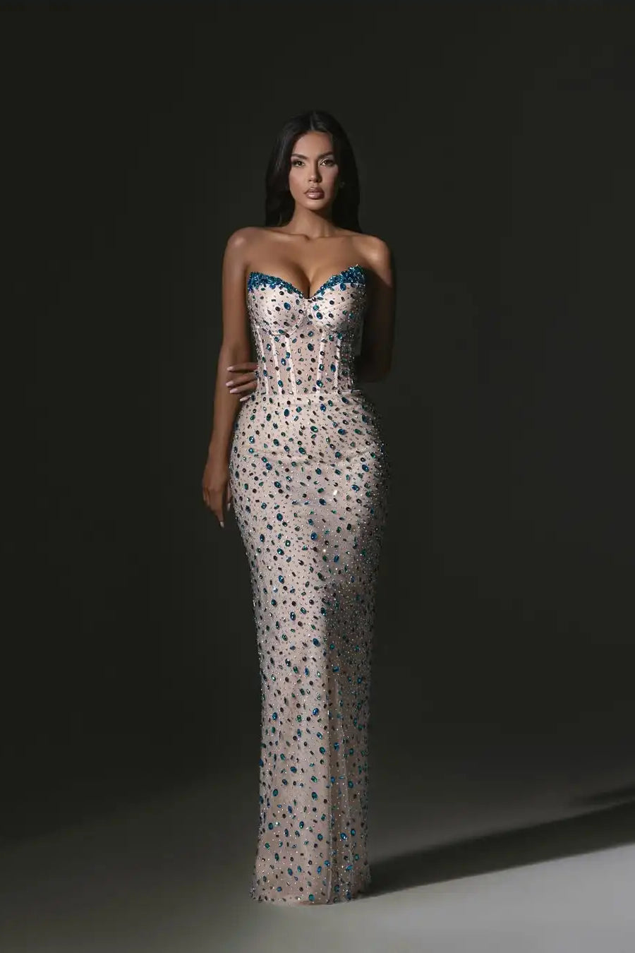 Dazzling Sweetheart Strapless Sleeveless Mermaid Prom Dress V-Neck Gem With Lace-Up Back