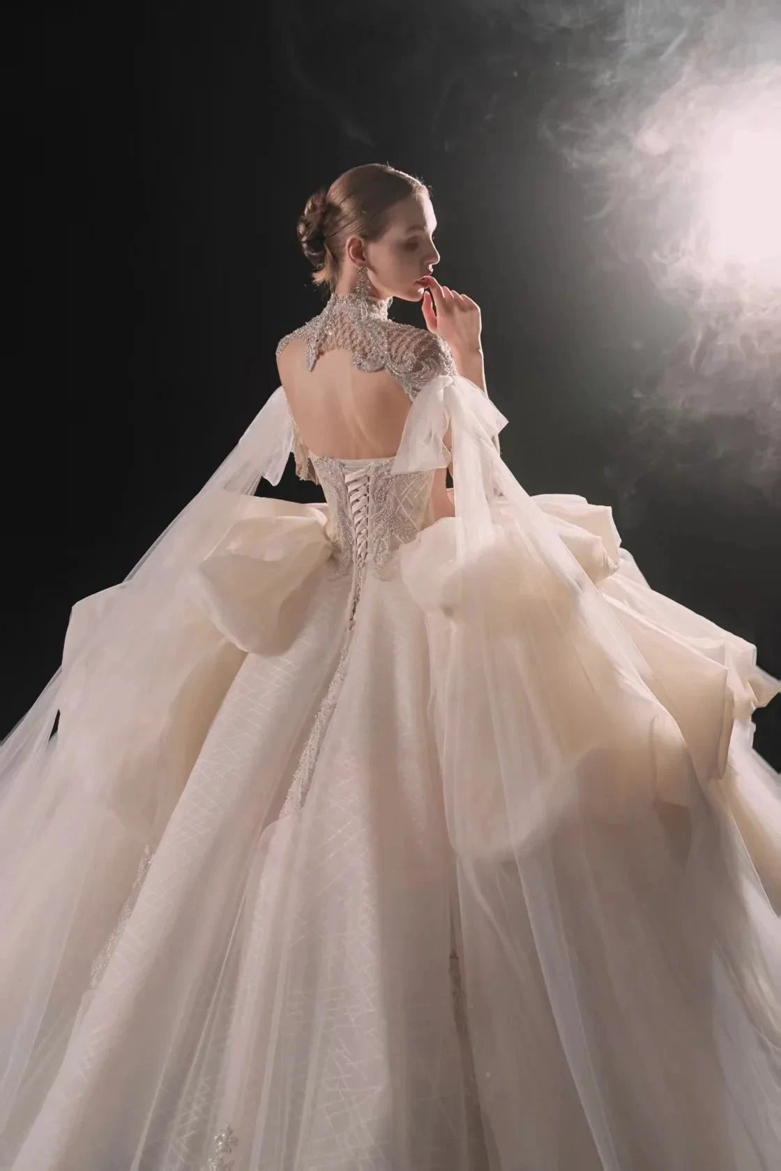 Opulent High-Neck Ball Gown Beaded Mesh Capelet Ruffled Skirt Wedding Dress with Sparkling Train (ZD16907)