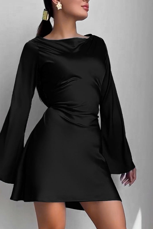 Satin Bodycon Belted Mini Silk Dress - View 3 | VelvetHem