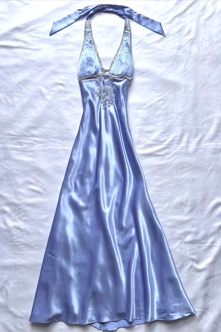 Elegant Blue Satin Prom Dress with Rhinestone Embellishments - FashionDia