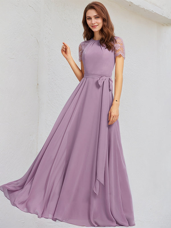 Wisteria A-Line Scoop Floor-Length Lace Chiffon Bridesmaid Dress