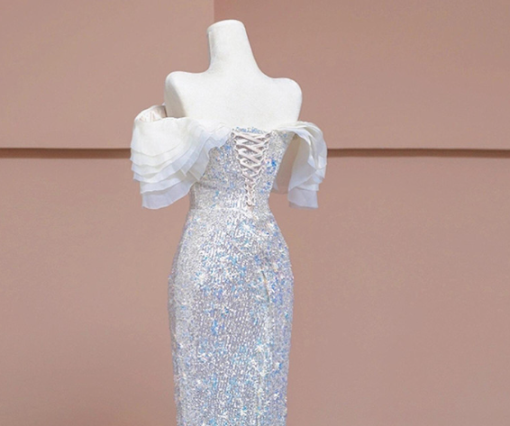 Luxury Silver Mermaid Sequins Beading Prom Dress Formal Evening Dress Y7614 - View 3 | VelvetHem