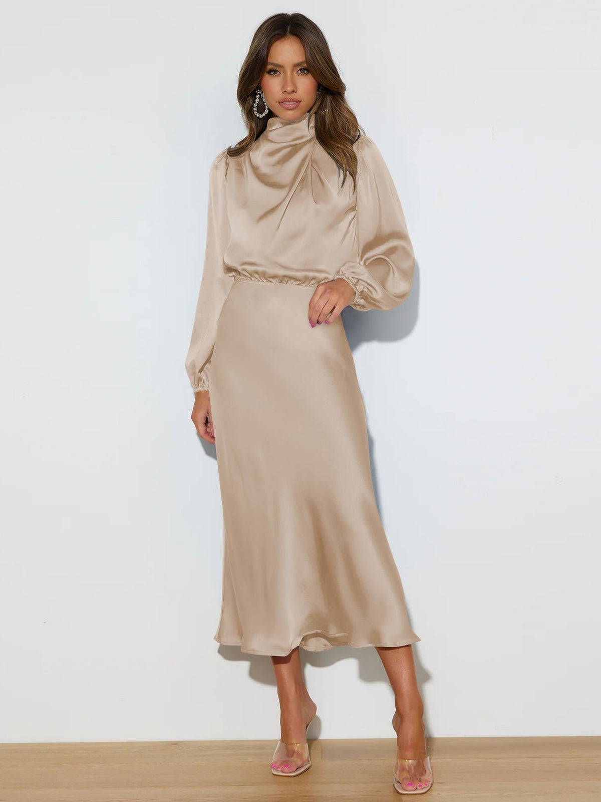 Autumn High Grade Satin Long Sleeve Loose Dress Elegant Women Dress Evening Dress Dress - View 6 | VelvetHem