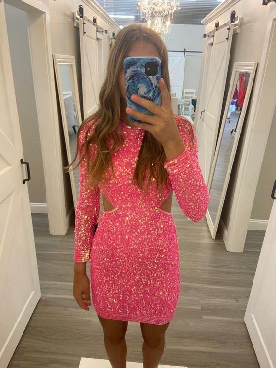Shiny Pink Sequins Short Homecoming Dress Cute Party Dress Y445 by simplepromdress