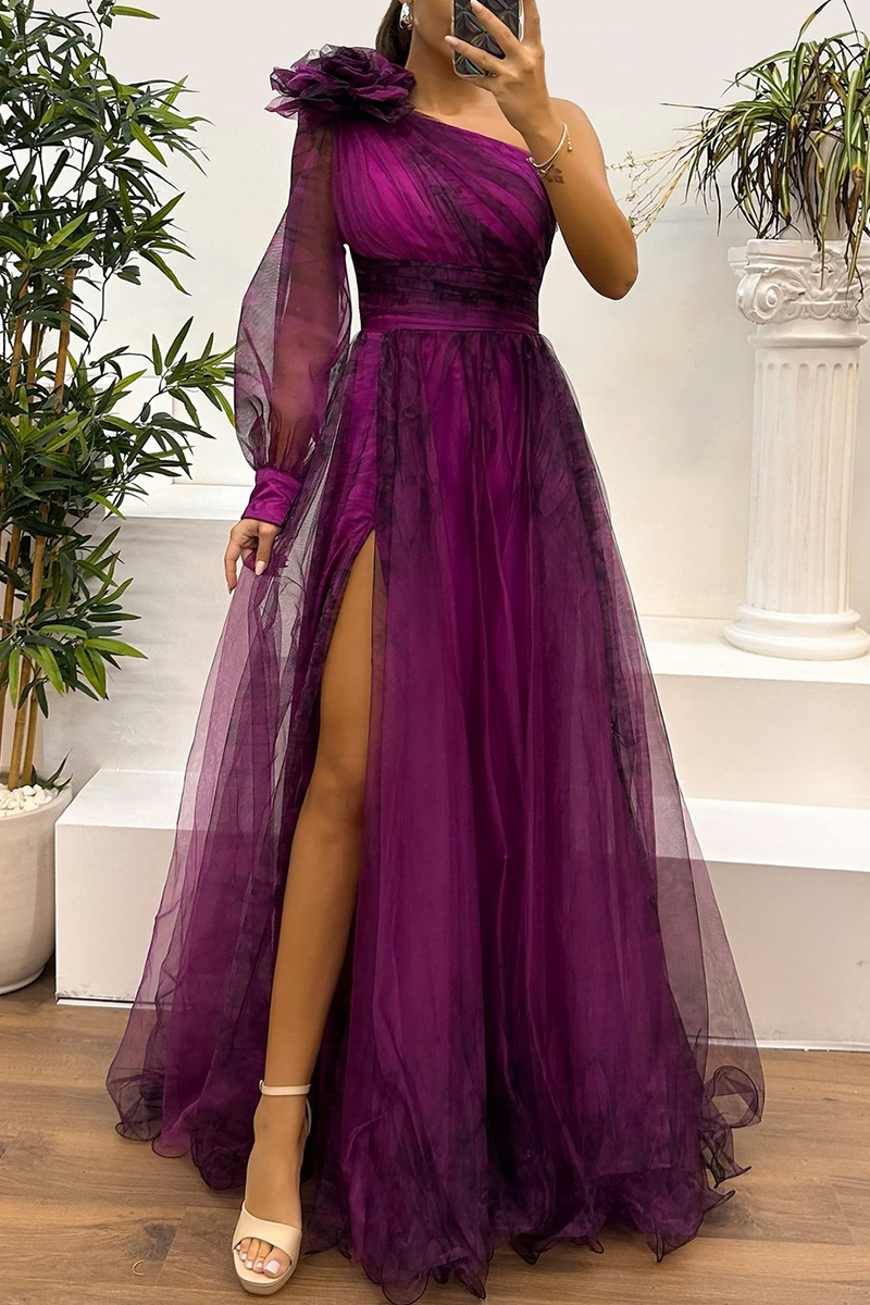 Sexy Prom Floral Print Slit Mesh Flower Shape Sloping Shoulder Evening Dresses(6 Colors) - View 3 | VelvetHem