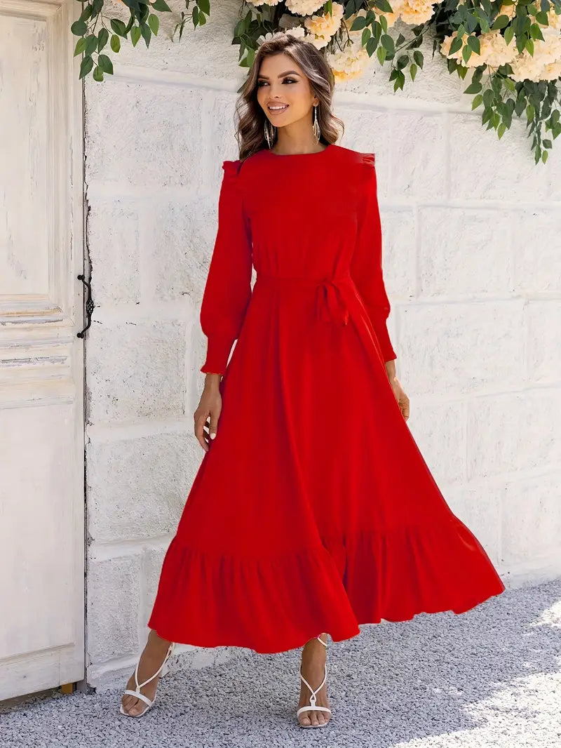 Elvia Minimalist Women's Belted and Flounced Maxi Dress Designer Edit