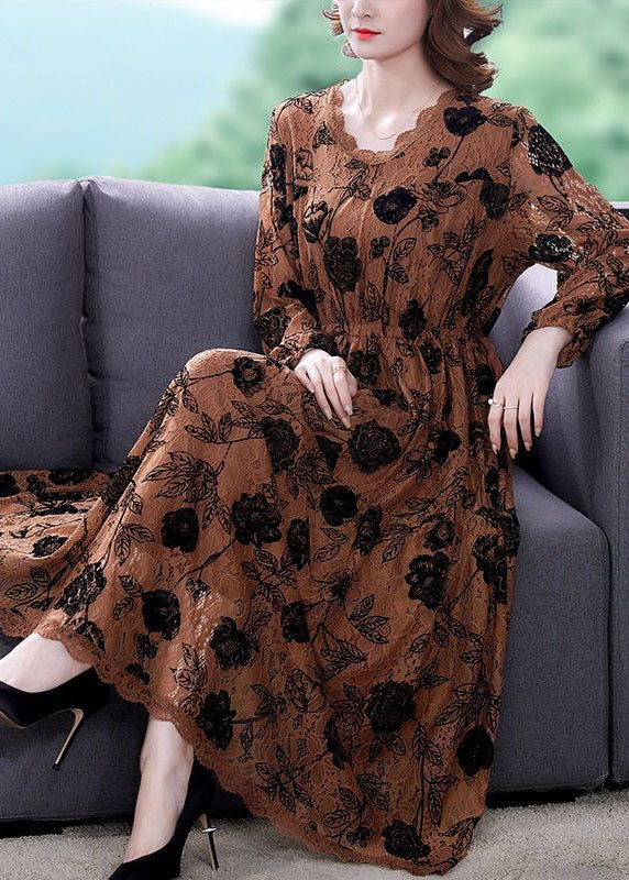Elegant Coffee Cinched Print Lace Long Dresses Spring - VelvetHem