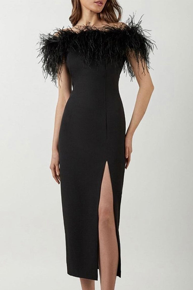 Celebrities Elegant Solid Feathers Zipper Off the Shoulder Evening Dress Dresses - View 3 | VelvetHem