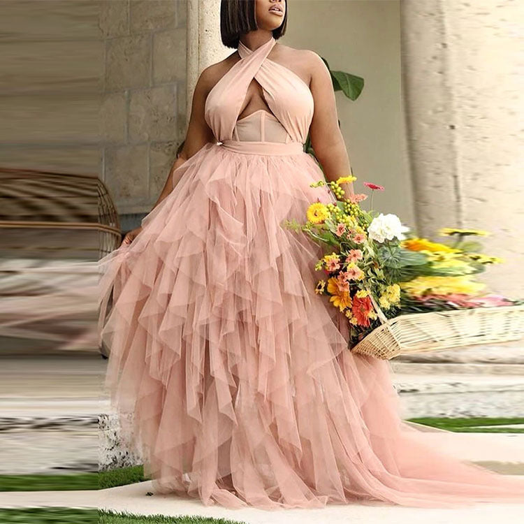 Plus Size Wedding Women Dress Evening Dress Pink Halter Dress Large Swing Tulle Dress - View 4 | VelvetHem