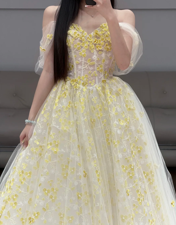 Off-the-Shoulder White Prom Party Dress Yellow Lace Evening Dress - View 2 | FashionDia