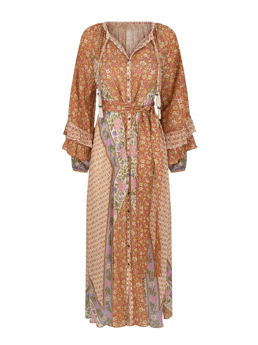 Unique Bohemian Print Long Sleeve Robe Midi Dress - Fashionpara