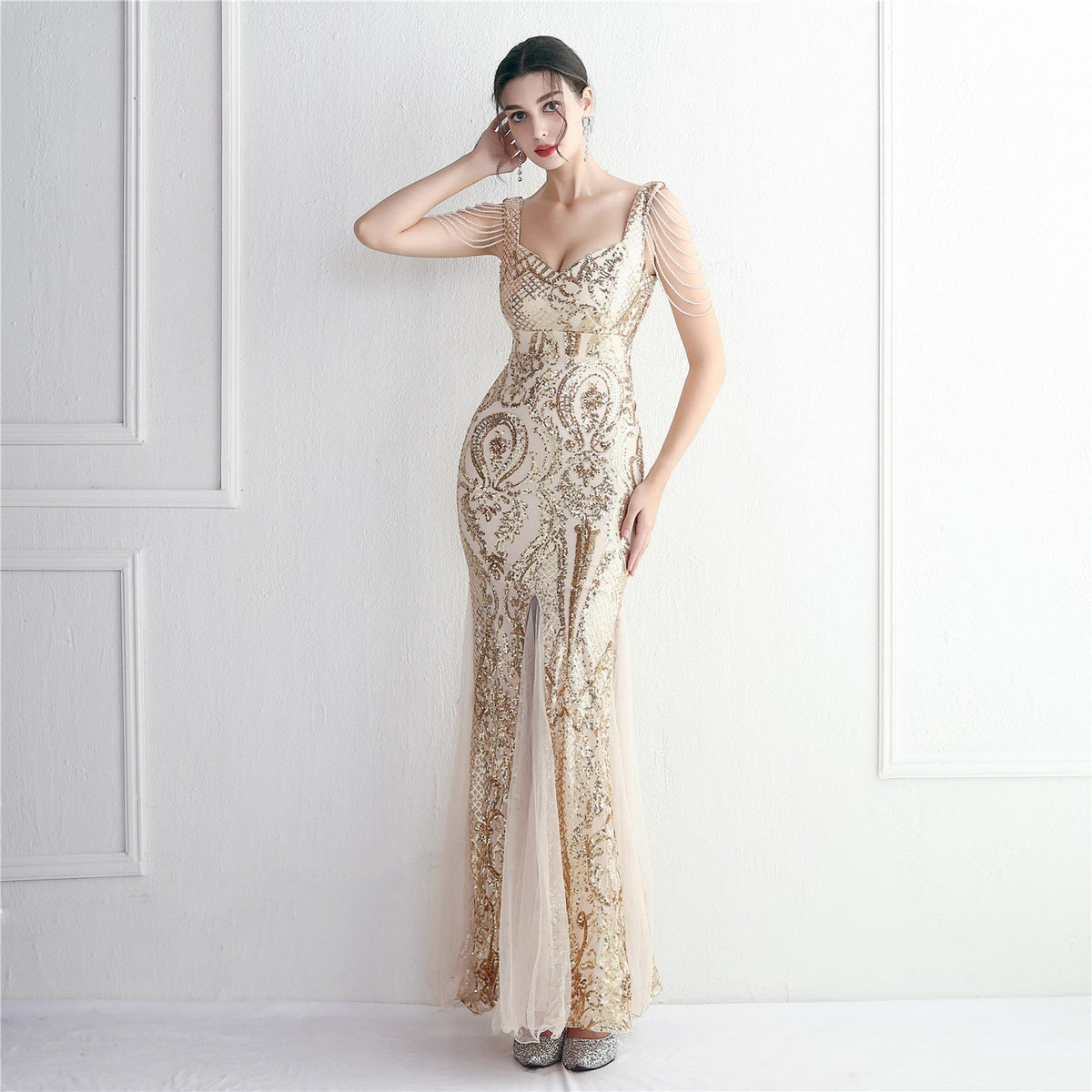 Sequin Mesh Craft Beaded Party Dress Long Cocktail Slim Fit Evening Dress Elegant Long - View 4 | VelvetHem