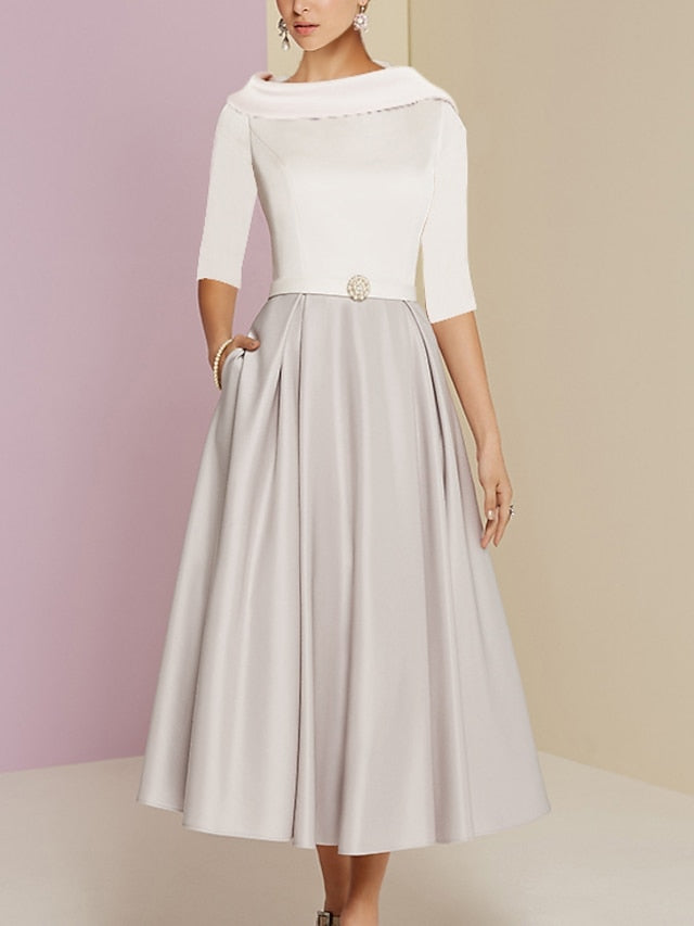 A-Line/Princess Jewel Neck Half Sleeve Tea-Length Mother of the Bride Dresses with Pockets Pleats - FashionDia