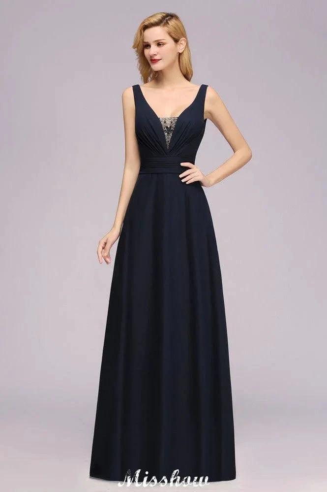 Deep V-Neck Beading A-line Bridesmaid Dress Floor Length Maid of Honor Dress (ZD12937)