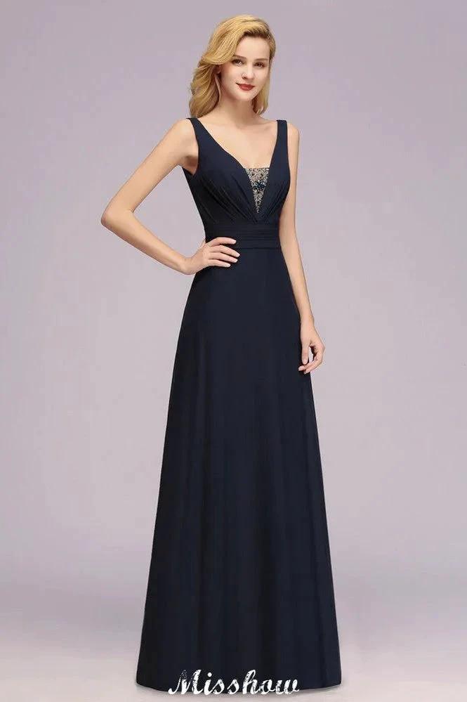 Deep V-Neck Beading A-line Bridesmaid Dress Floor Length Maid of Honor Dress (ZD12937)