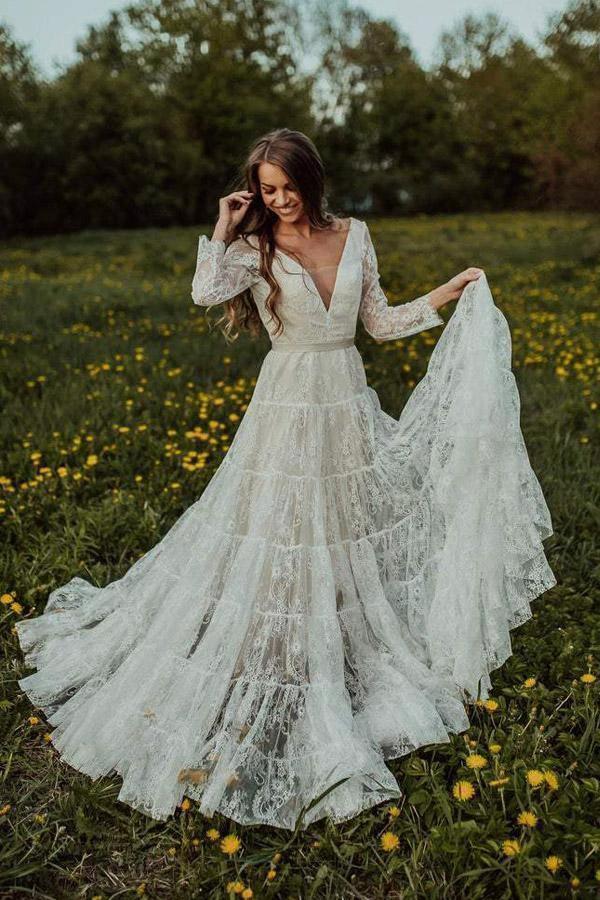 Deep V Neck Boho Wedding Dress Long Sleeve Rustic Wedding Dress (ZD16271)
