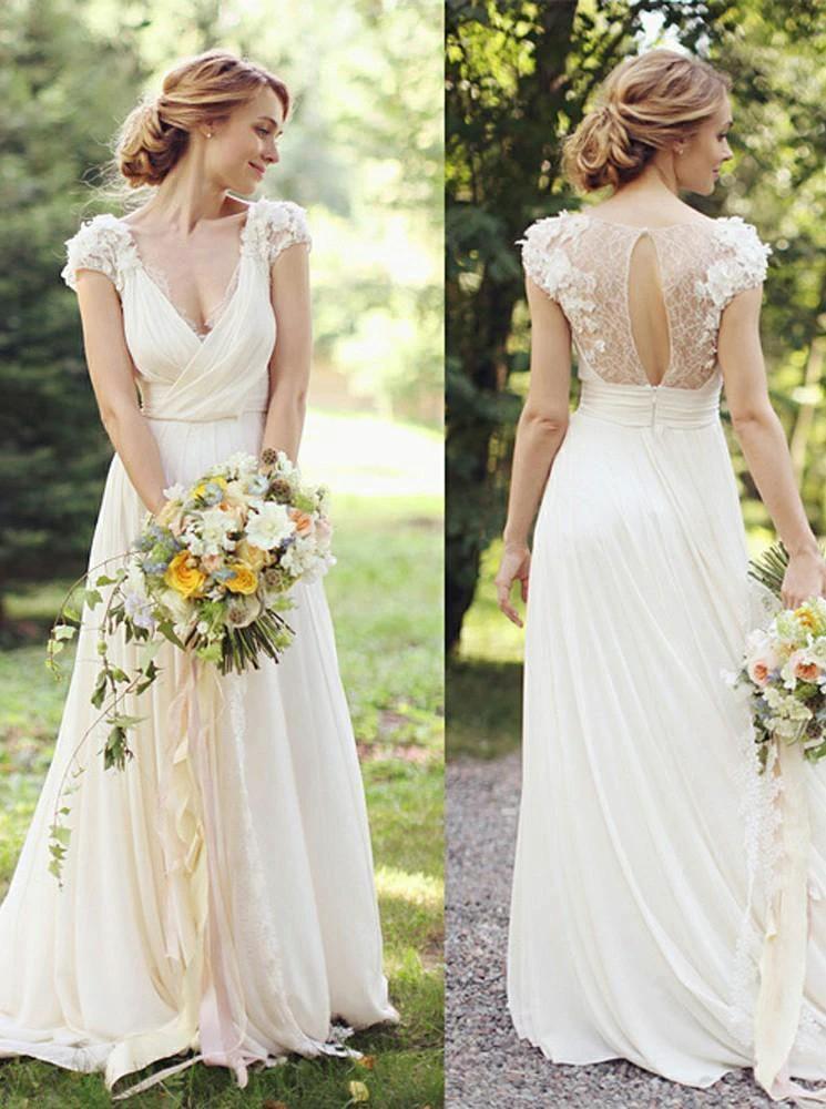 Deep V Neck Cap Sleeve Wedding Dresses Sheer Back Appliques Wedding Gown (ZD15364)
