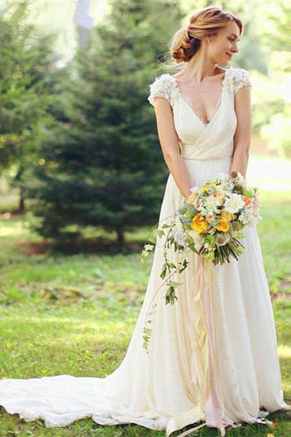 Deep V Neck Cap Sleeve Wedding Dresses Sheer Back Appliques Wedding Gown (ZD15364)
