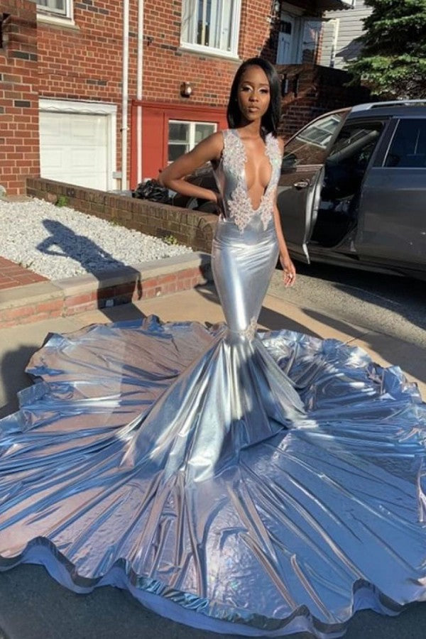 Deep V-Neck Sleeveless Appliques Court Train Mermaid Prom Dresses