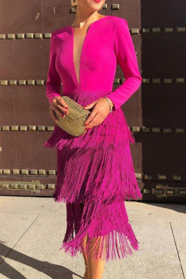 Deep V-neck Layered Tassel Midi Dress - Fashionpara