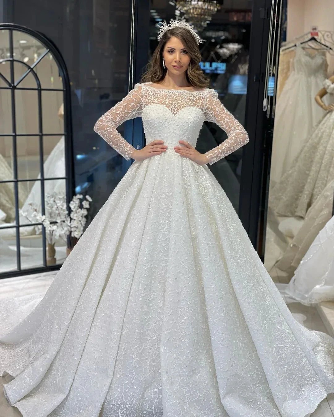 Deluxe Floor Length Long Sleeves A-Line Lace Wedding Dress with Ruffles (ZD14803)