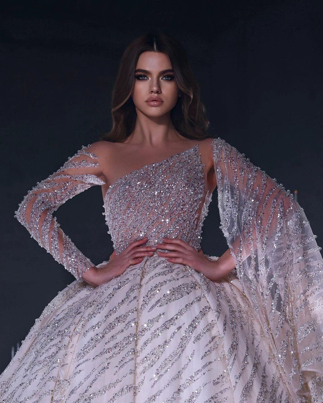 Deluxe Floor Length One-Shoulder A-Line Sequined Wedding Dress with Ruffles (ZD14783)