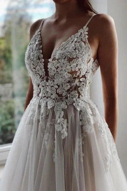 Designer A-line Appliques V-neck Wedding Dresses With Lace (ZD14528)