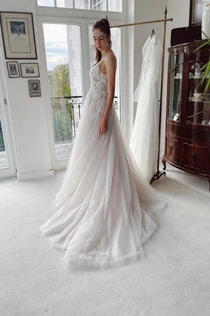 Designer A-line Appliques V-neck Wedding Dresses With Lace (ZD14528)