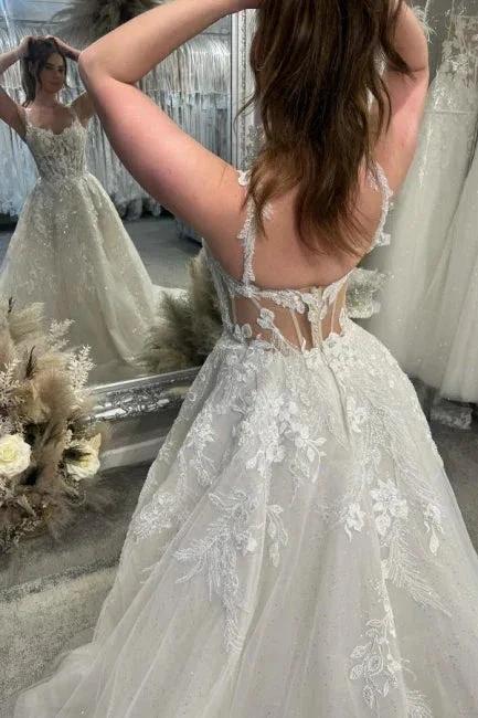 Designer A-Line Lace Sweetheart Sleeveless White Wedding Dress With Train (ZD15500)