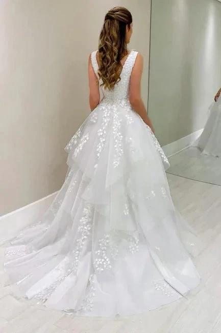 Designer A-Line Lace V-Neck Sleeveless White Wedding Dress With Appliques (ZD16656)