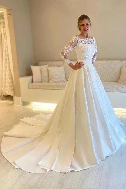 Designer A-Line Satin Lace Long Sleeve White Wedding Dress With Appliques (ZD16635) - VelvetHem