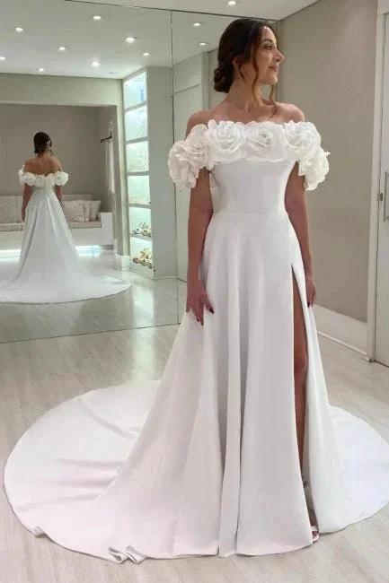 Designer A-Line Satin Off-The-Shoulder Sleeveless White Wedding Dresses With Split (ZD16653)