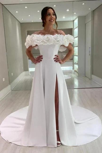 Designer A-Line Satin Off-The-Shoulder Sleeveless White Wedding Dresses With Split (ZD16653)