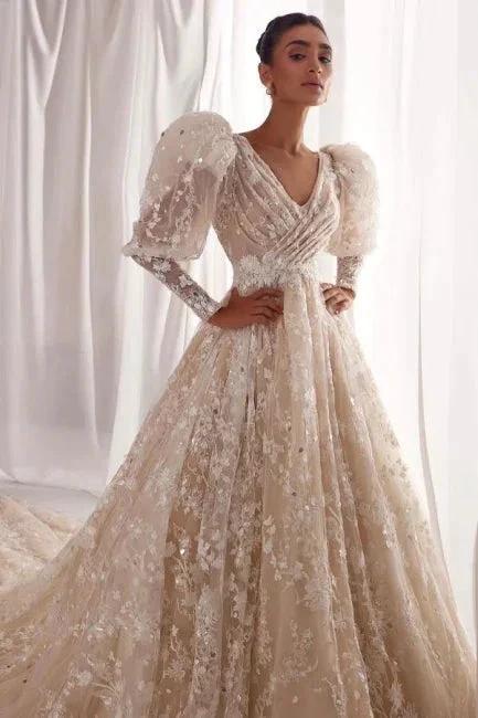 Designer A-Line Tulle Lace V-Neck Long Sleeve Wedding Dress With Appliques Ruffles (ZD16632)
