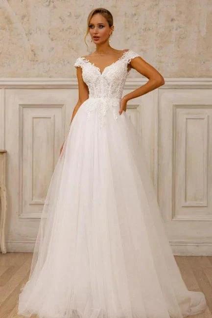 Designer A-Line Tulle Lace V-Neck Sleeveless White Wedding Dress With Appliques (ZD16667)