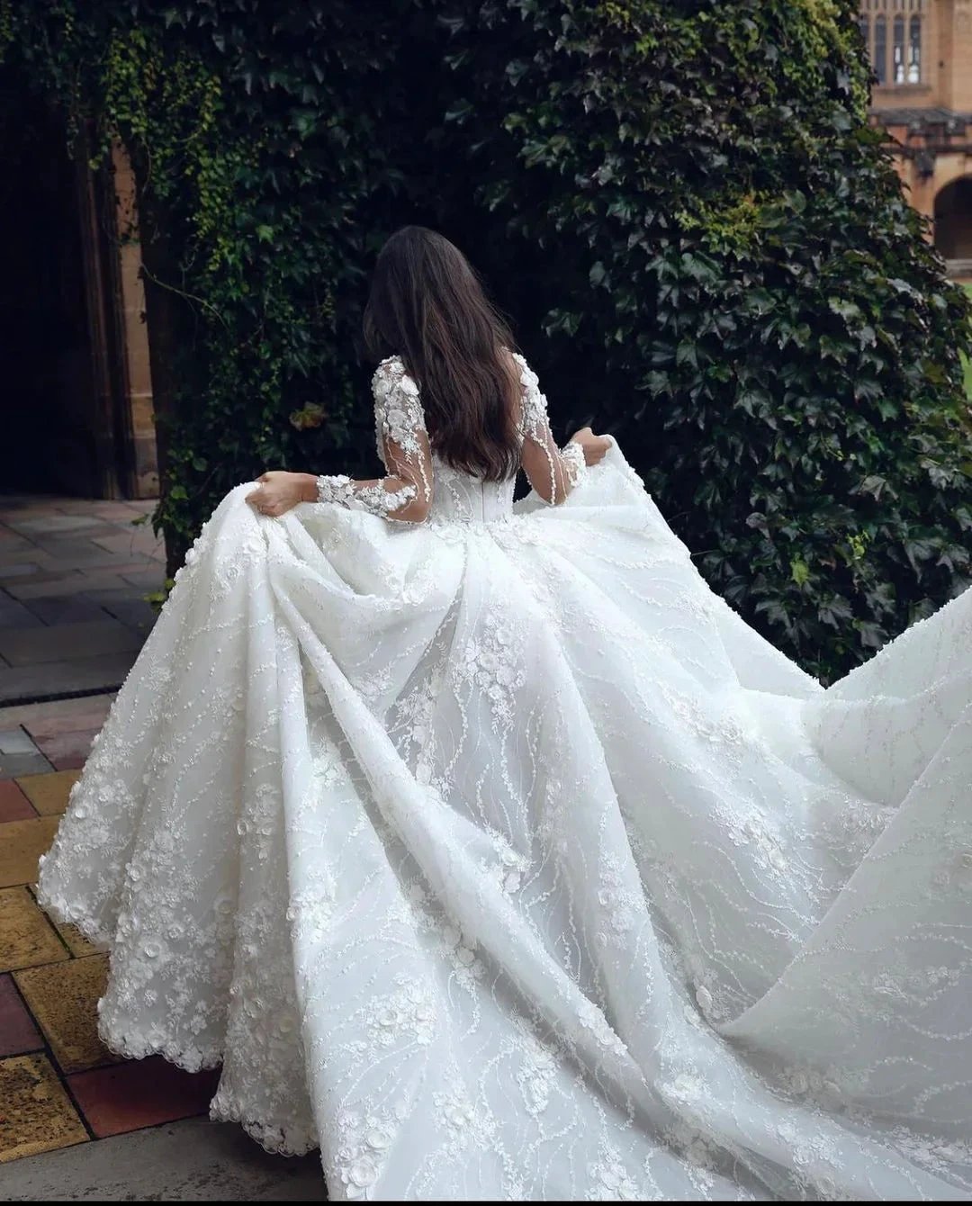 Designer A-line White Long Sleeves Lace Appliques Wedding Dress With Train (ZD14519)